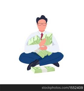 Man holding stacks of money flat color vector faceless character. Businessman. Entrepreneur. Office worker sitting with cash bundle isolated cartoon illustration for web graphic design and animation. Man holding stacks of money flat color vector faceless character