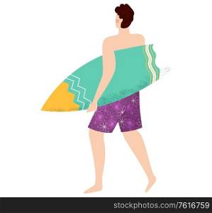 Man holding surfboard, back view of going surfer character holding board, surfing activity, person wearing shirts, ocean activity, vacation vector. Surfer Going with Surfboard, Water Activity Vector
