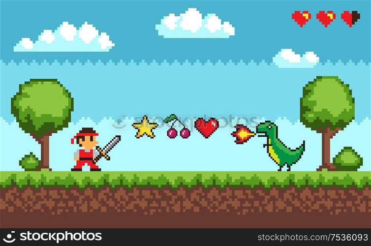 Man holding sword and standing near star and cherry with heart. Green dragon with fire on green landscape with clouds. Screen of level of old game vector. Level of Pixel Game between Man and Dragon Vector