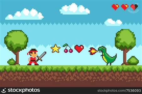 Man holding sword and standing near star and cherry with heart. Green dragon with fire on green landscape with clouds. Screen of level of old game vector. Level of Pixel Game between Man and Dragon Vector