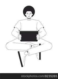 Man holding tablet bw vector spot illustration. Afro guy sitting with electronic gadget 2D cartoon flat line monochromatic character on white for web UI design. Editable isolated outline hero image. Man holding tablet bw vector spot illustration