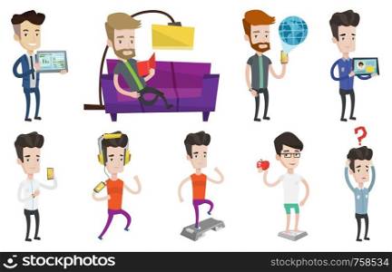 Man holding tablet computer with social network. Man social networking on tablet computer. Businessman using tablet computer. Set of vector flat design illustrations isolated on white background.. Vector set of people using modern technologies.