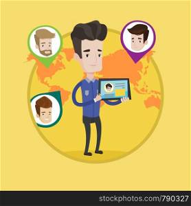Man holding tablet computer with social network user profile. Man social networking on tablet computer. Social network concept. Vector flat design illustration in the circle isolated on background.. Man holding tablet with social network.