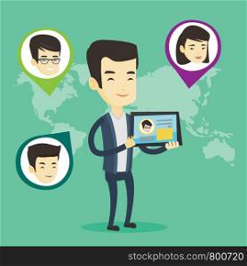 Man holding tablet computer with social network user profile on a screen. Man standing on the background of world map with avatars of social network. Vector flat design illustration. Square layout.. Man holding tablet with social network.