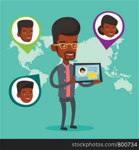 Man holding tablet computer with social network user profile on a screen. Man standing on the background of world map with avatars of social network. Vector flat design illustration. Square layout.. Man holding tablet with social network.