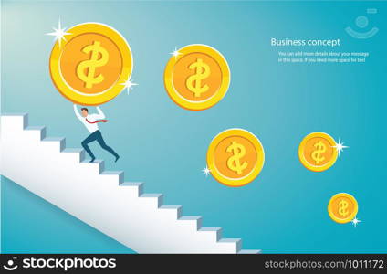 man holding the big gold coin climbing stairs to success vector illustration eps10