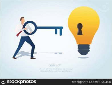 man holding the big key with keyhole on the lightbulb, concept of creative thinking vector