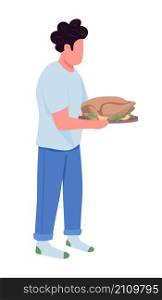 Man holding tray with turkey semi flat color vector character. Cooking figure. Full body person on white. Cookery isolated modern cartoon style illustration for graphic design and animation. Man holding tray with turkey semi flat color vector character