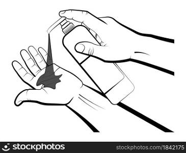 man holds a bottle of liquid soap in hand, presses the soap dispenser into the palm of his hand with index finger. Fighting infection, hygiene. Isolated vector on white background