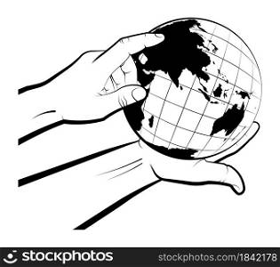 man holds a globe in his palm and points a route point with his finger. Choosing a destination for travel. Global view of the world. Isolated vector on white background