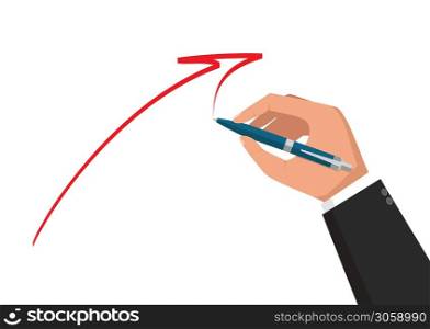 Man holds a pen and writes. Pen in hand. Vector isolated illustration, flat design.. Vector isolated illustration, flat design. Man holds a pen and writes. Pen in hand.