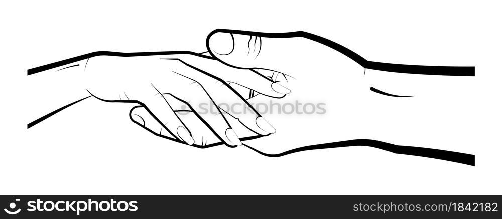 man holds a womans hand in his palm. Marriage, family, wedding ceremony. Isolated eyelid on a white background