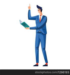 Man holds book and makes gesture index finger up, office worker in formal clothing reading book and making sign of attention, idea or answer is found cartoon vector illustration isolated on white. Man holds book and makes gesture index finger up