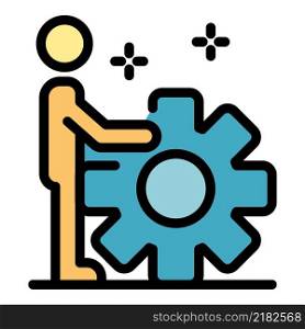 Man holds gear icon. Outline man holds gear vector icon color flat isolated. Man holds gear icon color outline vector