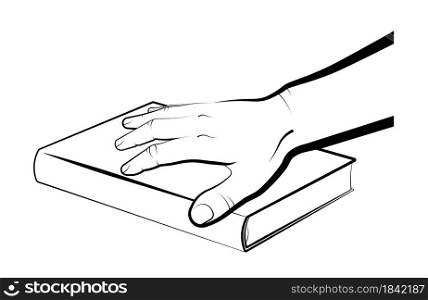 man holds his palm on a closed book. President oath on the Bible, Constitution. Selection of new leader of the country. Isolated vector on white background