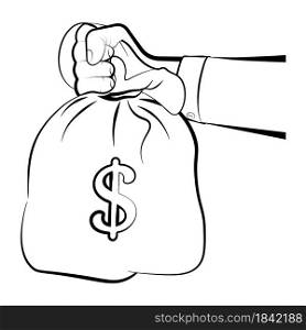 man holds in hand a bag of money. Issuance of a loan, repayment of debt to the bank, economic offenses. Isolated vector on white