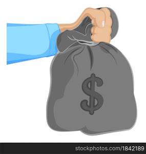 man holds in hand bag of money. Issuance of loan, repayment of debt to bank, economic offenses. Cartoon vector on white