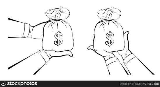 man holds out his hands with a bag of money. Issuance of a loan, repayment of a debt to a bank, economic offenses. Isolated vector on white background
