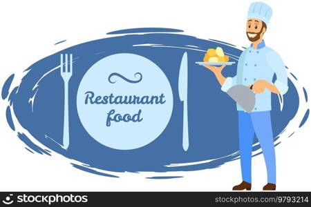 Man holds plate with ready-made meal. Restaurant service, breakfast or dinner dish. Kitchener serves dish from chef, food at cafe. Serving restaurant food concept. Cook stands with boiled potatoes. Serving restaurant food concept. Cook stands with boiled potatoes, plate with ready-made meal