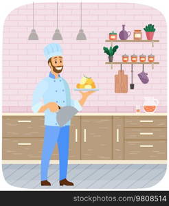 Man holds plate with ready-made meal. Restaurant service, breakfast or dinner dish vector illustration. Kitchener serves dish from chef, food at cafe. Serving food in restaurant kitchen concept. Serving food in restaurant kitchen concept. Man holds plate with ready-made meal, dinner dish