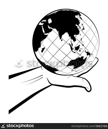 man holds the globe in the palm of his hand. Choosing a destination for travel. Global view of the world. Isolated vector on white background