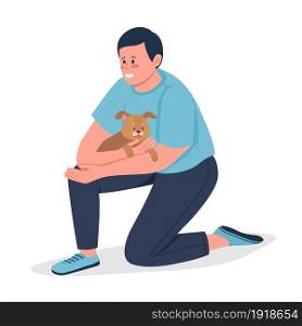 Man hugging puppy semi flat color vector character. Sitting figure. Full body person on white. Pet adoption isolated modern cartoon style illustration for graphic design and animation. Man hugging puppy semi flat color vector character
