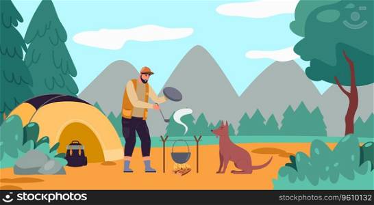 Man hunter cooking on fire outdoors on field kitchen in camping site after hiking. Vector of hunter and fire near camp, illustration cooking. Man hunter cooking on fire outdoors on field kitchen in camping site after hiking