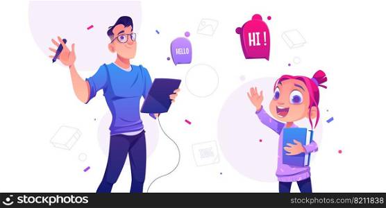 Man illustrator hold tablet and pen and cheerful little girl with book waving hands in greeting gesture saying hello. Profession of artist, graphic designer painting images Cartoon vector illustration. Man illustrator with tablet and little schoolgirl