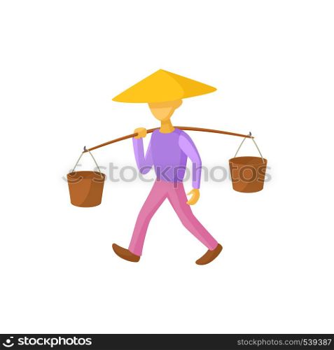 Man in a conical hat carries buckets icon in cartoon style on a white background. Man in a conical hat carries buckets icon