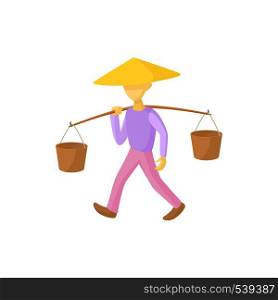 Man in a conical hat carries buckets icon in cartoon style on a white background. Man in a conical hat carries buckets icon