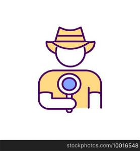Man in a cowboy hat holds a agnifying glass his hand RGB color icon. Search for information. Thirst for adventure. Tourist with a magnifying glass in his hands. Isolated vector illustration. Man in a cowboy hat holds a agnifying glass his hand RGB color icon