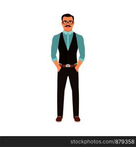 Man in a hipster style clothes and sun glass isolated vector illustration on white background. Man in hipster style clothes