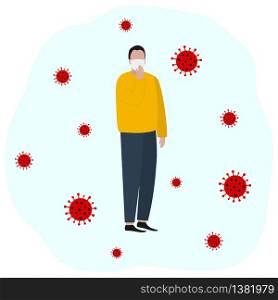 Man in a protective mask against viruses. Fashion trendy illustration, flat design. Pandemic and epidemic of coronavirus in the world.. Man in a protective mask against viruses. Fashion trendy illustration, flat design. Pandemic and epidemic of coronavirus in the world