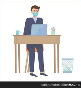 Man in a suit and protective face mask siting at a table. Remote work, online education,home office, quarantine effects concept. Stock vector illustration isolated on white background in flat cartoon style. Man in suit and protective face mask siting at table.Remote work, online education,home office, quarantine effects concept.Stock vector illustration isolated on white background in flat cartoon style.