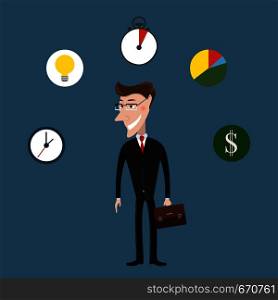 Man in a suit in the center of business icons. Businessman with bag. The concept of business success. Vector illustration. Man in a suit in the center of business icons. The concept of business success. Vector illustration