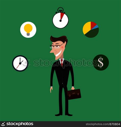 Man in a suit in the center of business icons. Businessman with bag. The concept of business success. Vector illustration. Man in a suit in the center of business icons. The concept of business success. Vector illustration
