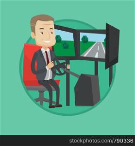 Man in a suit playing video game with gaming wheel. Man driving autosimulator in game room. Man playing car racing video game. Vector flat design illustration in the circle isolated on background.. Man playing video game with gaming wheel.