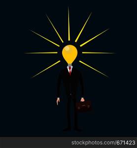 Man in a suit with head lamp. The concept of business success, and the idea of a startup. Vector illustration. Man in a suit with head lamp. Businessman with bag. The concept of business success, and the idea of a startup. Vector illustration