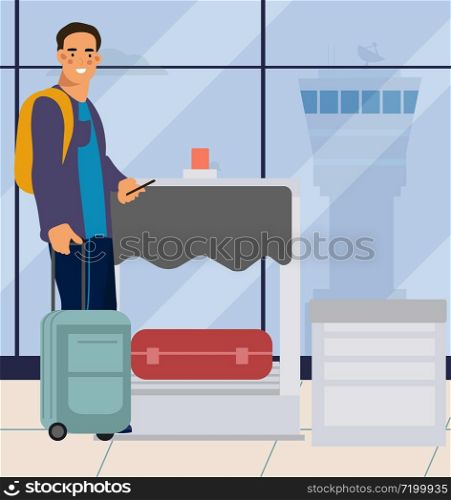 Man in airport. Traveler men with suitcase at airport at checkout. Vector cartoon tourist with bag and phone on vacation trips. Man in airport. Traveler men with suitcase at airport. Vector cartoon tourist with bag and phone on vacation trips