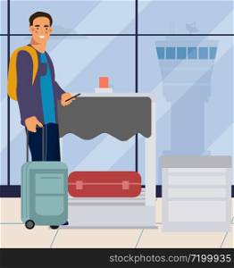 Man in airport. Traveler men with suitcase at airport at checkout. Vector cartoon tourist with bag and phone on vacation trips. Man in airport. Traveler men with suitcase at airport. Vector cartoon tourist with bag and phone on vacation trips