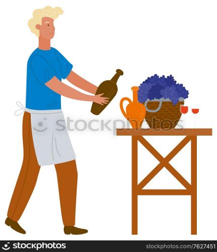 Man in apron pouring wine from earthen jar. Basket with grapes. Beverage from ripe fruits. Waiter with bottle. Harvest festival vector illustration. Man in Pouring Wine from Earthen Jar Vector Image