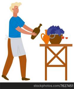 Man in apron pouring wine from earthen jar. Basket with grapes. Beverage from ripe fruits. Waiter with bottle. Harvest festival vector illustration. Man in Pouring Wine from Earthen Jar Vector Image