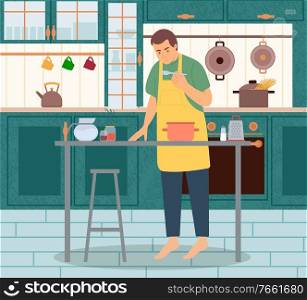 Man in apron standing near pan and eating from spoon. Interior view of kitchen with kettle and boiling spaghetti in pan on stove. Male chef cooking in dishes with spice on table at home vector. Male Preparing Dish in Kitchen at Home Vector