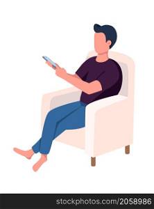 Man in armchair semi flat color vector character. Resting figure. Full body person on white. Comfortable lifestyle isolated modern cartoon style illustration for graphic design and animation. Man in armchair semi flat color vector character