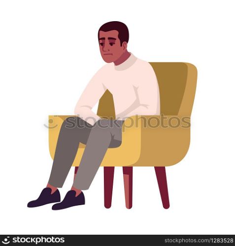 Man in armchair semi flat RGB color vector illustration. Guy feeling uncomfrotable. Pensive person on chair. Interviewee. Psychology consultation. Isolated cartoon character on white background