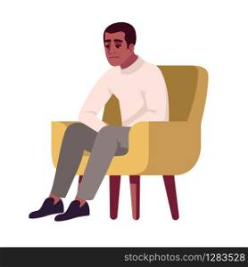 Man in armchair semi flat RGB color vector illustration. Guy feeling uncomfrotable. Pensive person on chair. Interviewee. Psychology consultation. Isolated cartoon character on white background