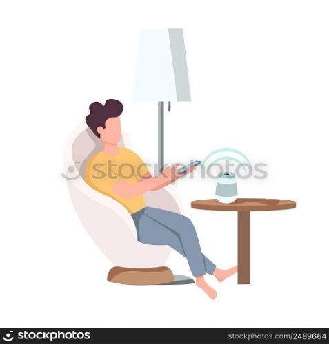 Man in armchair using wireless cell phone charger semi flat color vector character. Posing figure. Full body person on white. Simple cartoon style illustration for web graphic design and animation. Man in armchair using wireless cell phone charger semi flat color vector character