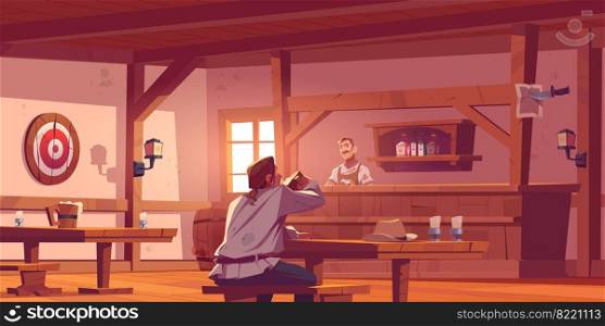 Man in beer pub, retro tavern or antique bar interior with barista stand at desk, benches and tables, wooden barrel, shelf with bottles, lantern and darts, old style saloon Cartoon vector illustration. Man in beer pub, retro tavern or antique bar.