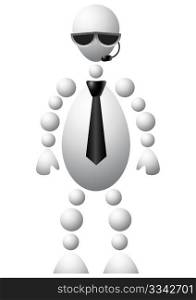 Man in black glasses and tie with microphone. Abstract 3d-human series from balls. Variant of white isolated on white background. A fully editable vector illustration for your design.
