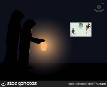 Man in black robe walking with lanterns .The glass room had the shadow of a bloody hand.black background.